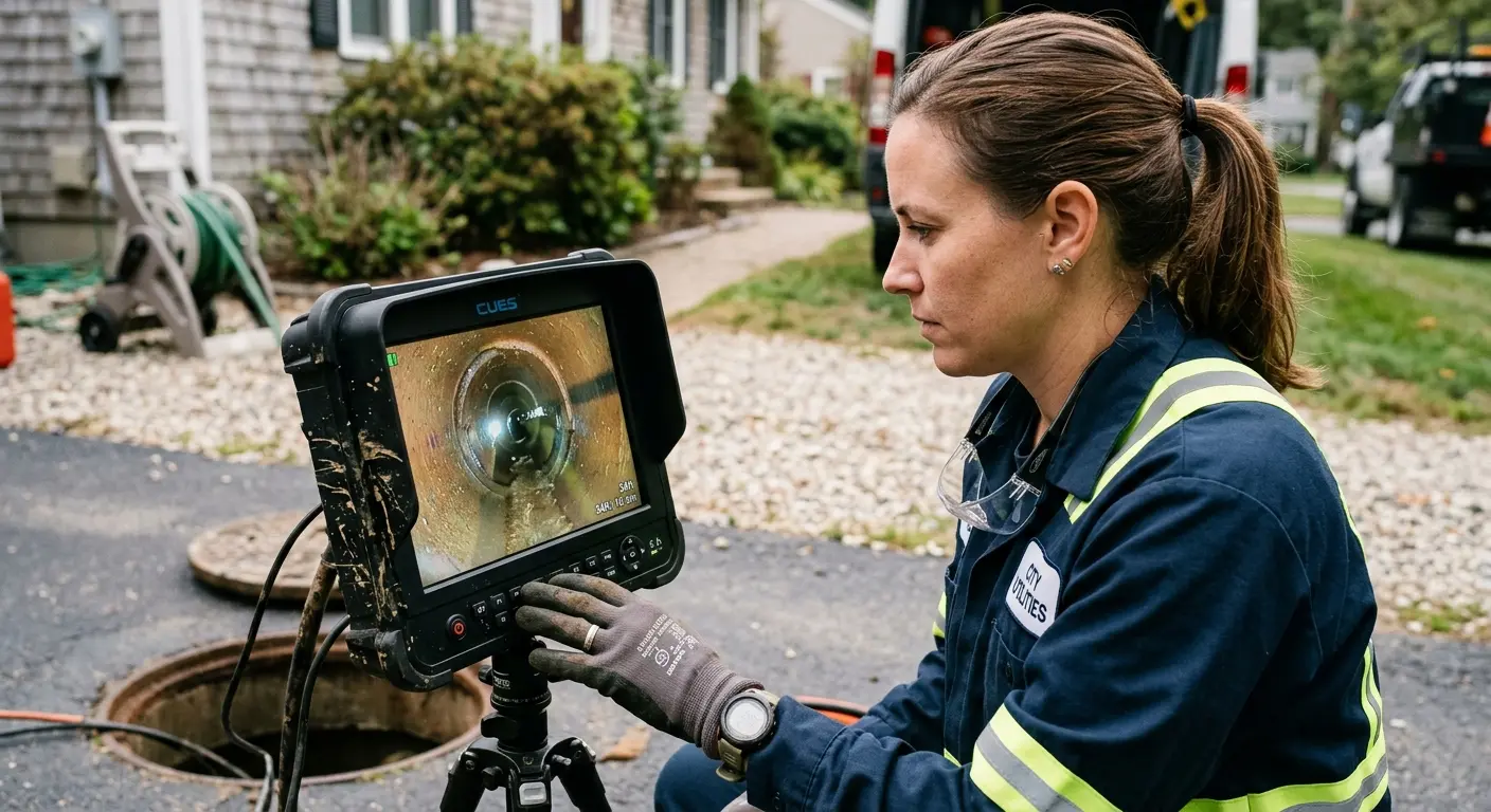 Technician reviewing sewer camera inspection footage in Kailua