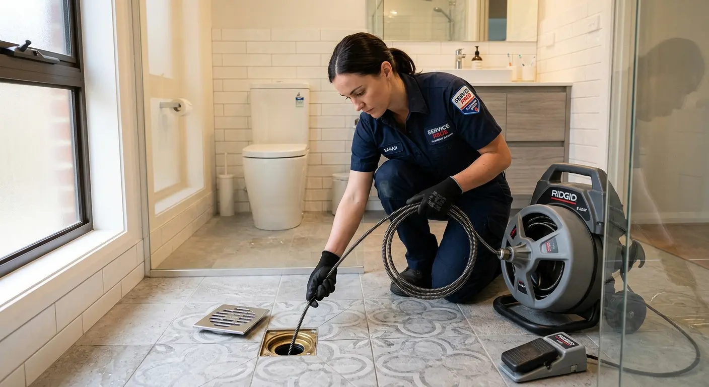Technician clearing a bathroom floor drain for Drain Cleaning in Kailua